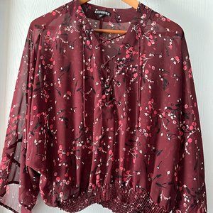 Express Sheer Flowing Dressy Blouse Floral Burgundy Shade